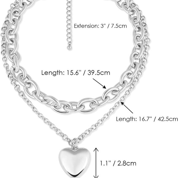 Chunky Gold Necklace Heart Pendant 14k Gold Plated Thick Chain Multilayer Neckla - Picture 6 of 6